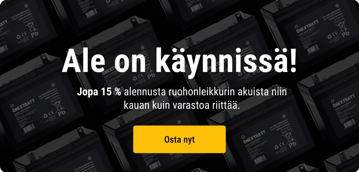 Ruohonleikkurin akut – Jopa 15 % alennusta