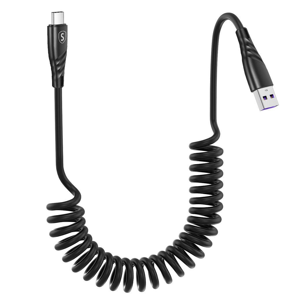SiGN 15W spiralformet USB-A til USB-C hurtigopladerkabel til bil – sort