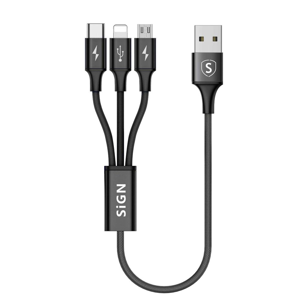SiGN 3-in-1 Cable Lightning, USB-C, Micro-USB, 2,4 A, 0,25 m - musta