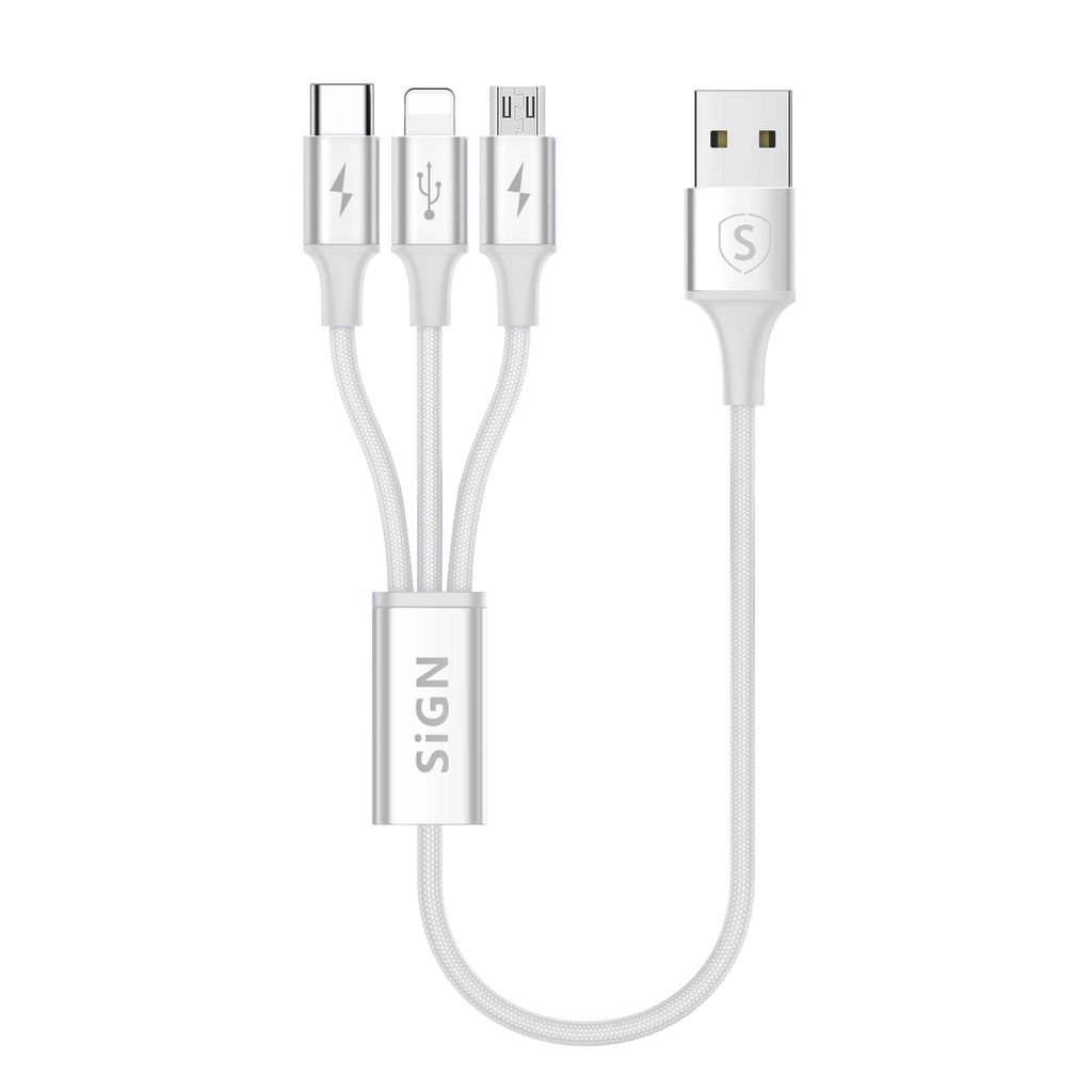 Valkoinen SiGN 3-i-1 Lightning, USB-C, Micro-USB palmikko 5V, 3A - 0,25m 