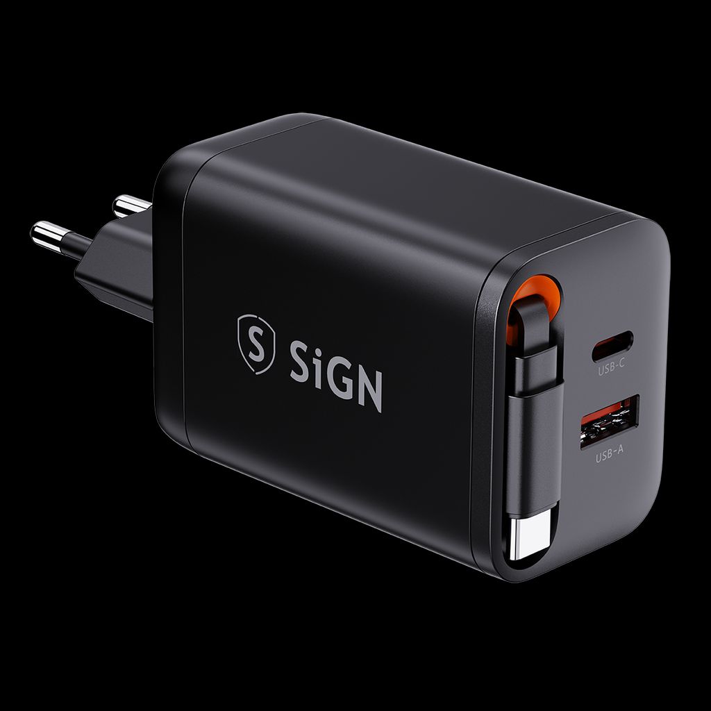 SiGN GaN Snabbladdare USB-C/USB-A 65W med utdragbar USB-C kabel  - Svart