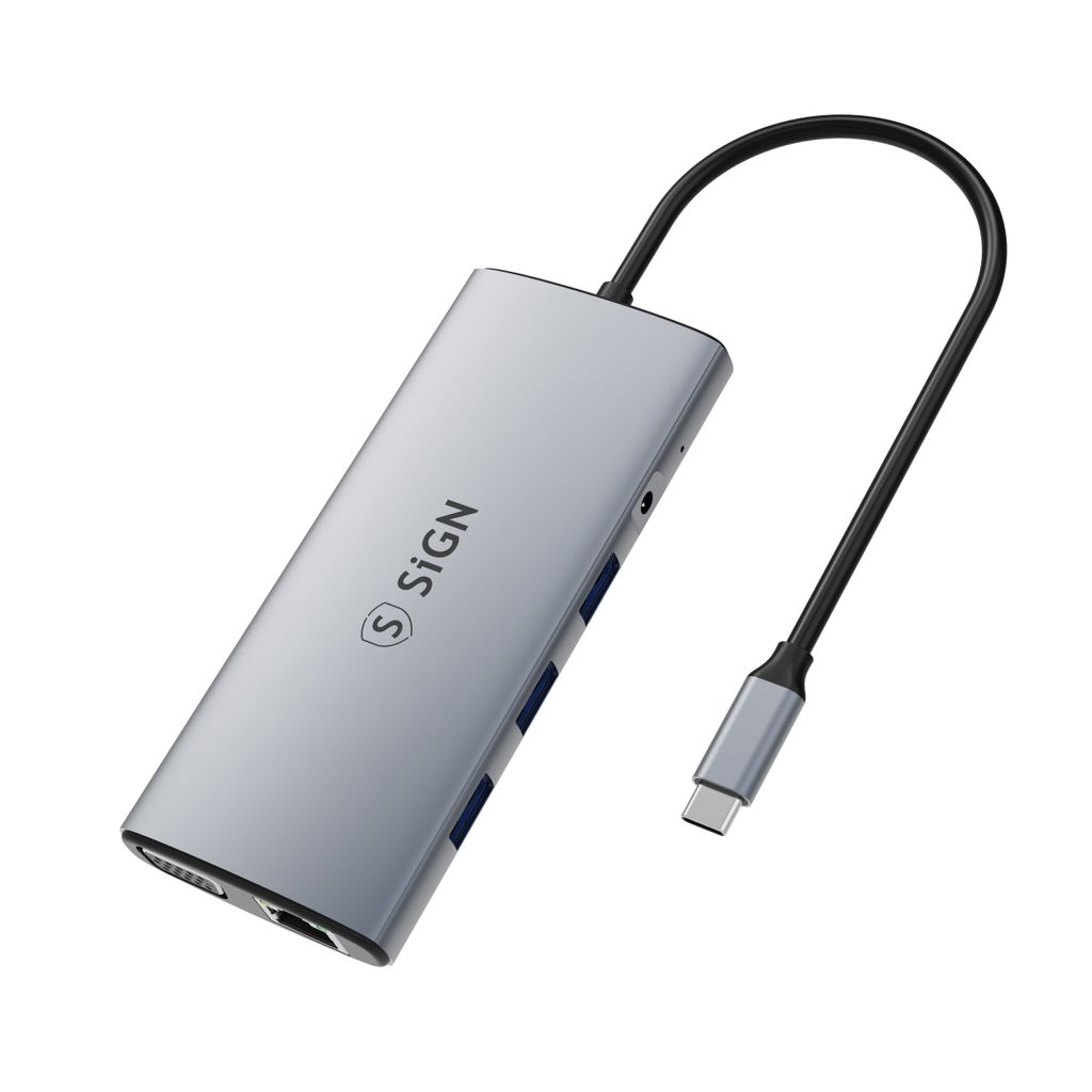 SiGN 11-i-1-hub USB-C til HDMI/VGA/RJ45/USB-C/USB-A/SD/TF/3,5 mm - Sølv