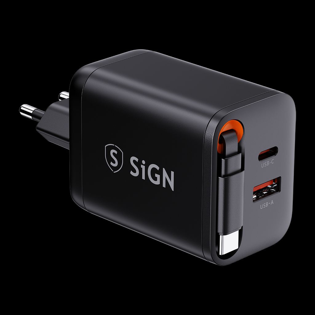 SiGN GaN Snabbladdare USB-C/USB-A 40W med utdragbar USB-C kabel  - Svart