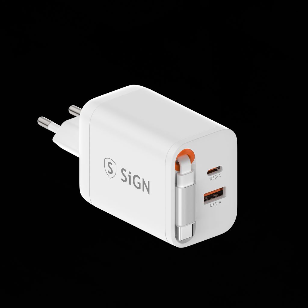 SiGN GaN hurtiglader USB-C/USB-A 40W med forlengbar USB-C-kabel - Hvit