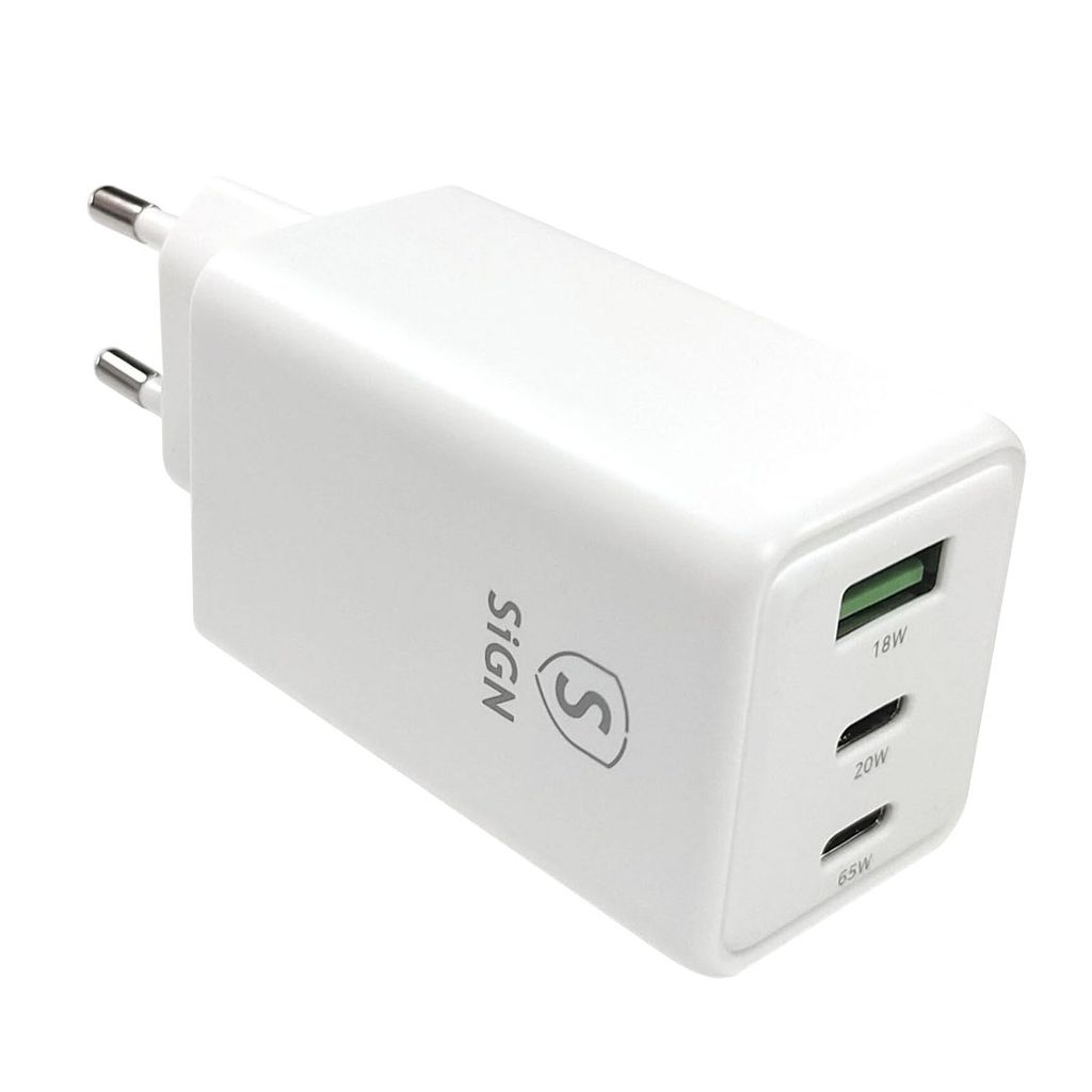 SiGN Hurtigoplader 2x USB-C / 1x USB-A 65W PD – Hvid
