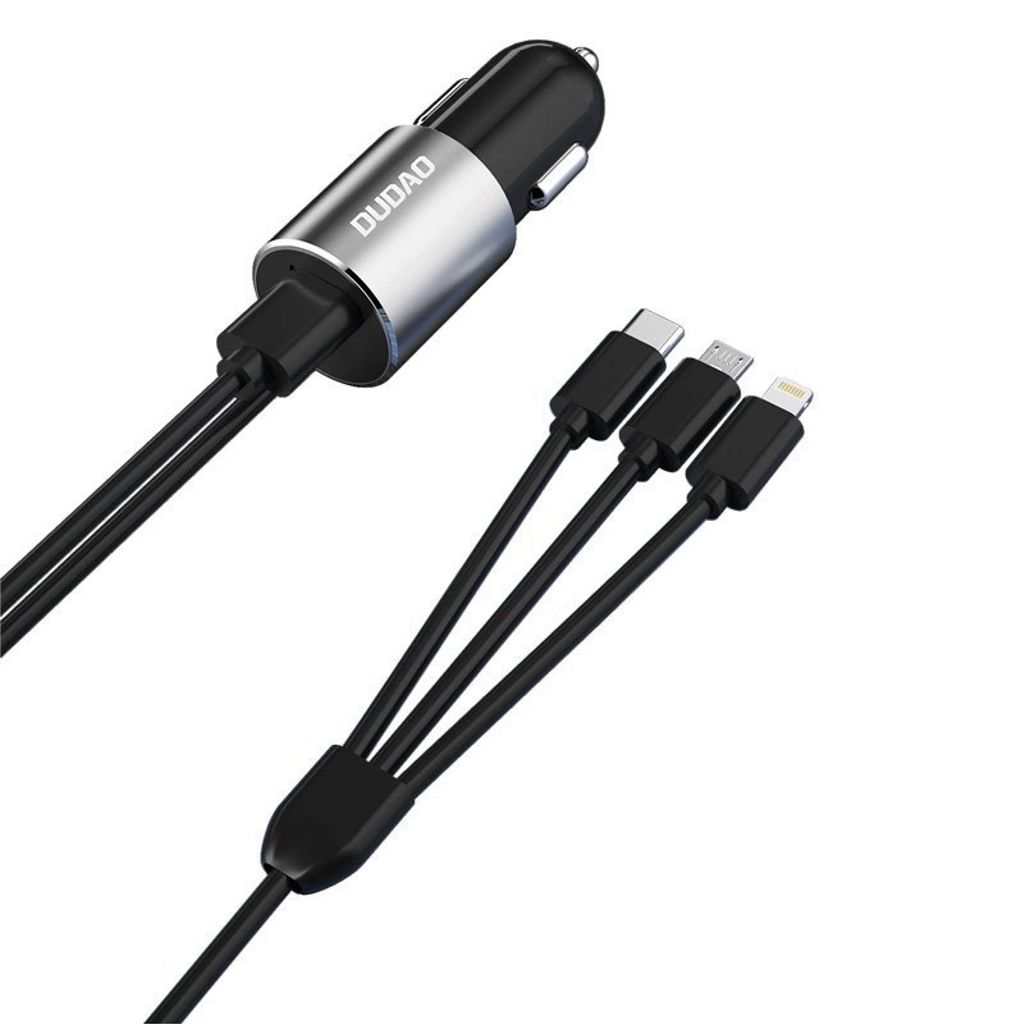 Dudao 3in1 USB-A billaddare med inbyggd Lightning/ USB-C/ mikro-USB-kabel