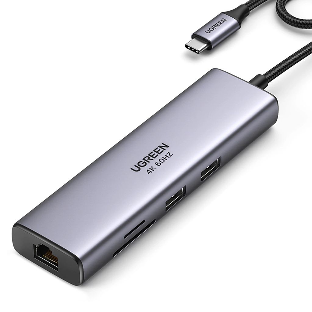 UGreen adapter USB-C na 2x USB-A 3.0 / HDMI / RJ45 / SD / TF / PD 100W – szary