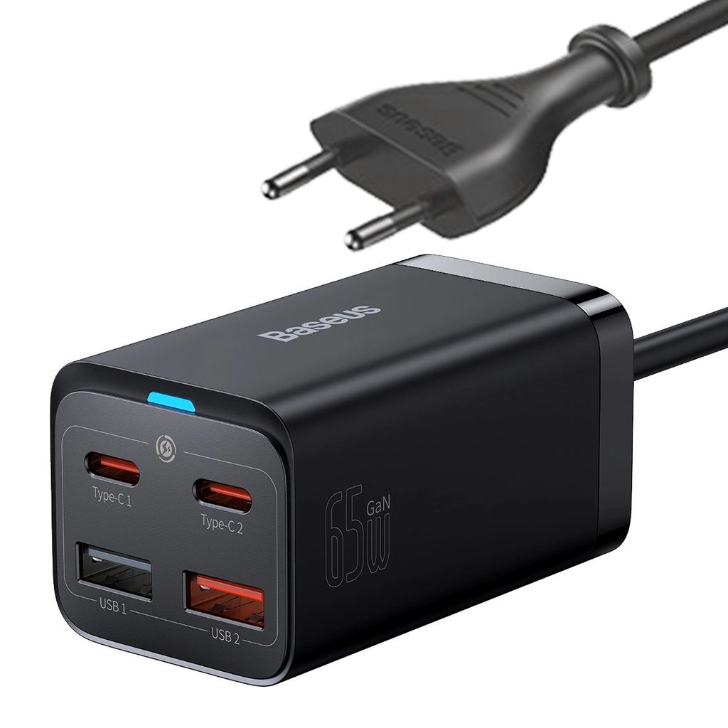 Baseus GaN3 Pro Hurtig oplader 2x USB-C / 2x USB-A 65W PD QC4.0 + USB-C kabel 1m - Sort
