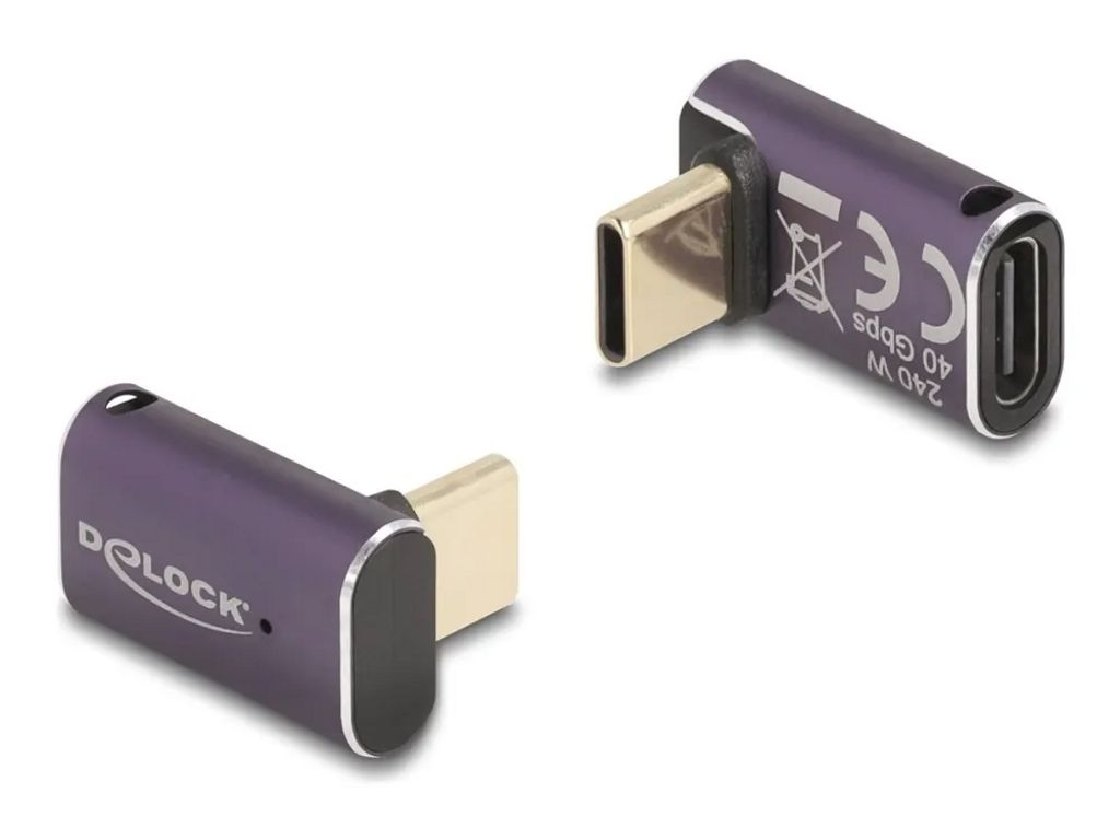 Delock kątowy adapter USB-C męski na żeński, 40 Gbps, 240W PD, 8K @ 60Hz - Fioletowy