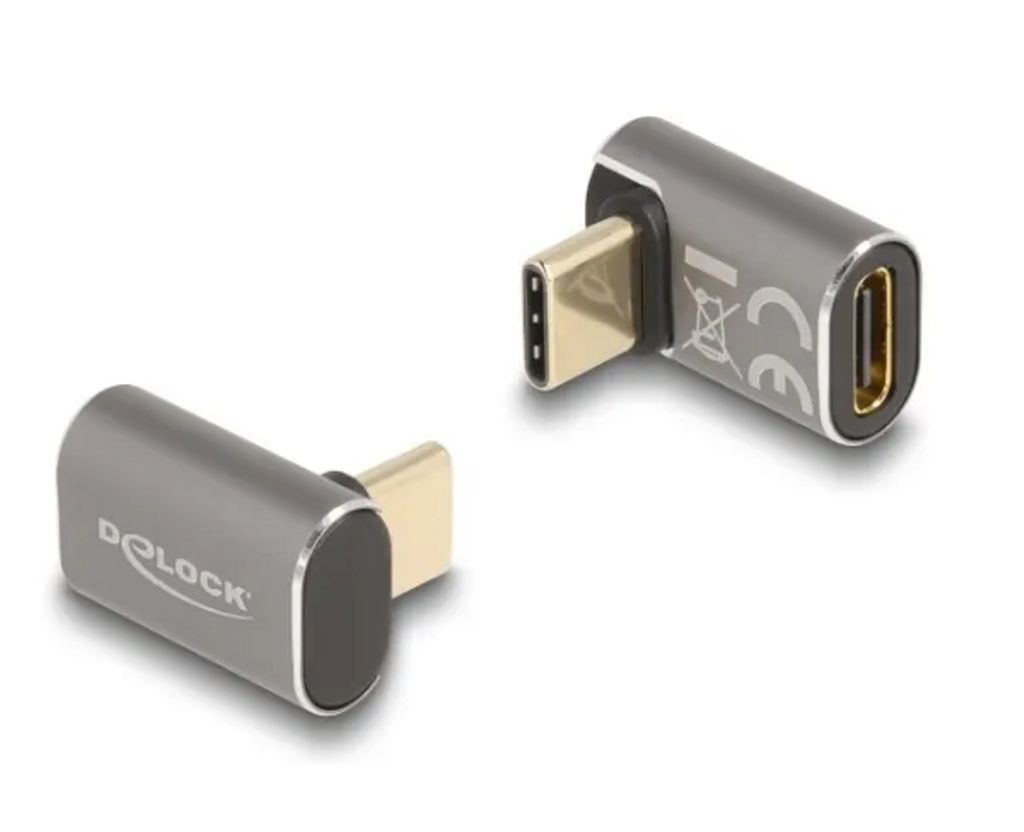Adapter kątowy Delock USB-C męski na żeński, 40 Gbps, 240W PD, 8K @ 60Hz - Szary