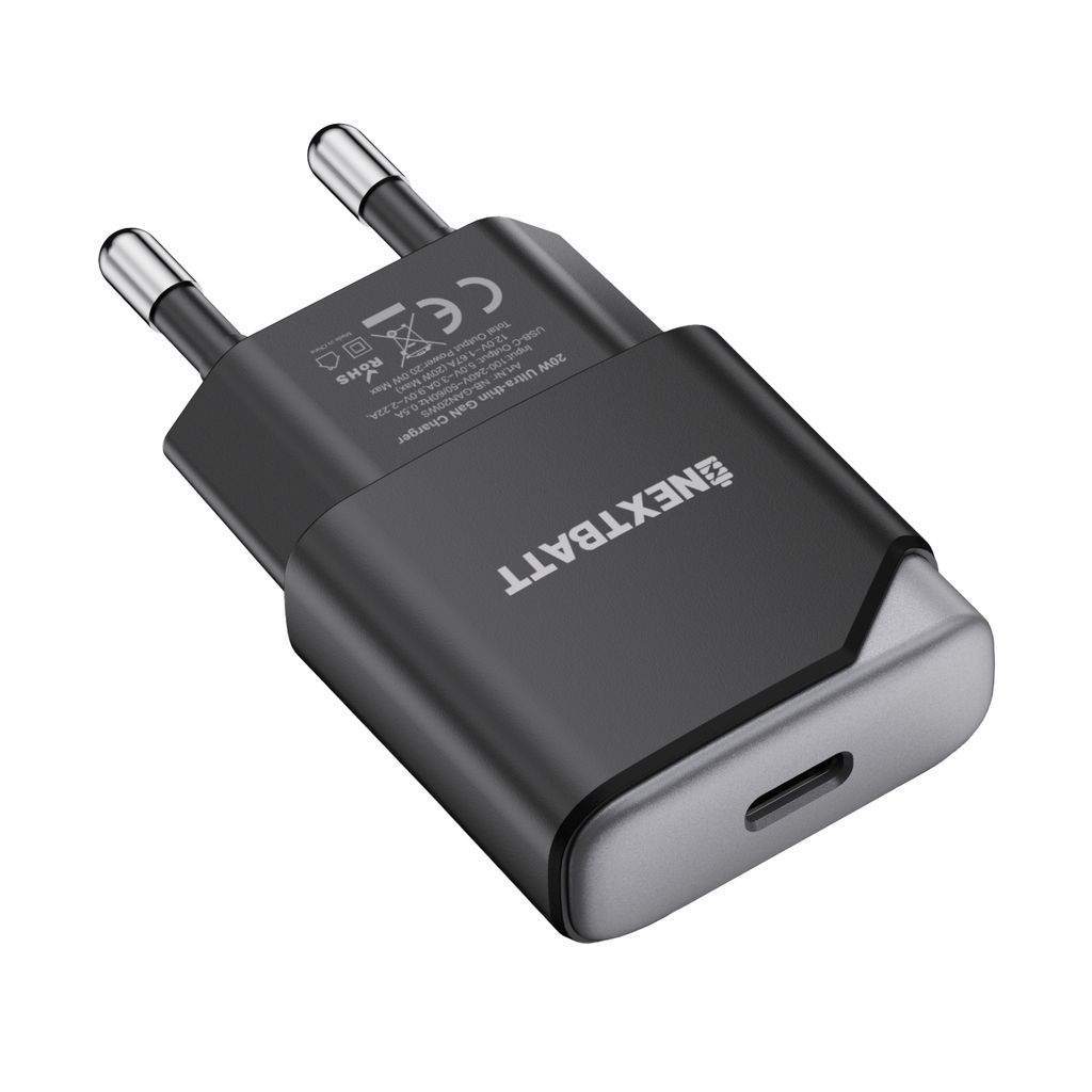 NEXTBATT GaN 30W slank vegglader USB-C – svart/grå