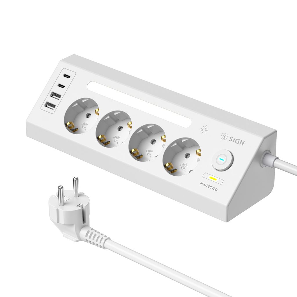 SiGN snabbladdande grenuttag för skrivbord 4-vägs/2x USB-A/2x USB-C 1.8m – vit | 505295 | Batteritema