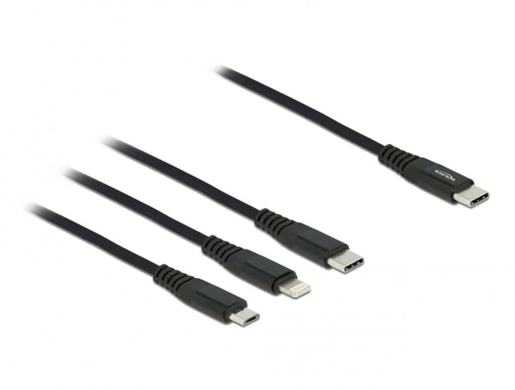 Delock 3-in-1 latauskaapeli USB-C - Lightning/Micro USB/USB-C 3A, 1m - musta