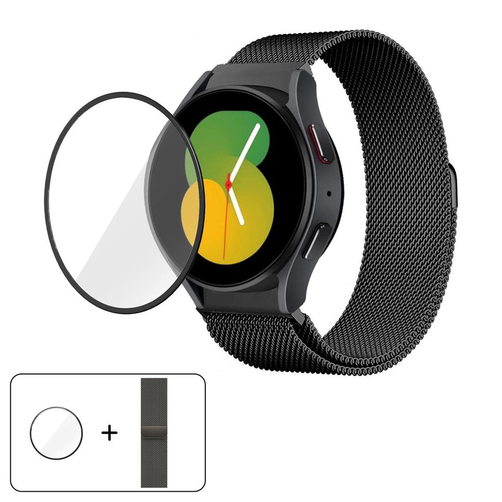 Samsung Galaxy Watch7 44mm Milanese-kellonranneke + näytönsuoja – musta