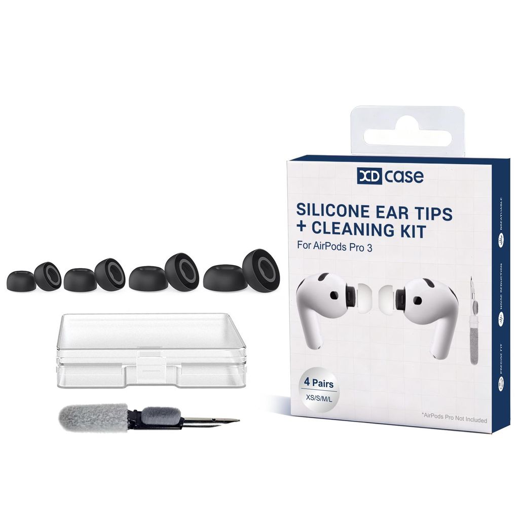 XDcase AirPods Pro 3 silikonøretupper + rengjøringsbørste, 4 par – svart