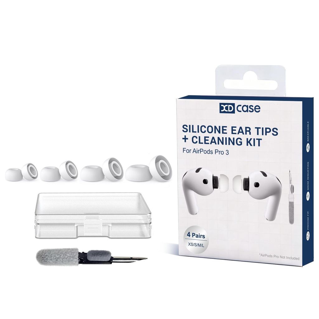 XDcase AirPods Pro 3 silikonøretupper + rengjøringsbørste, 4 par – hvit