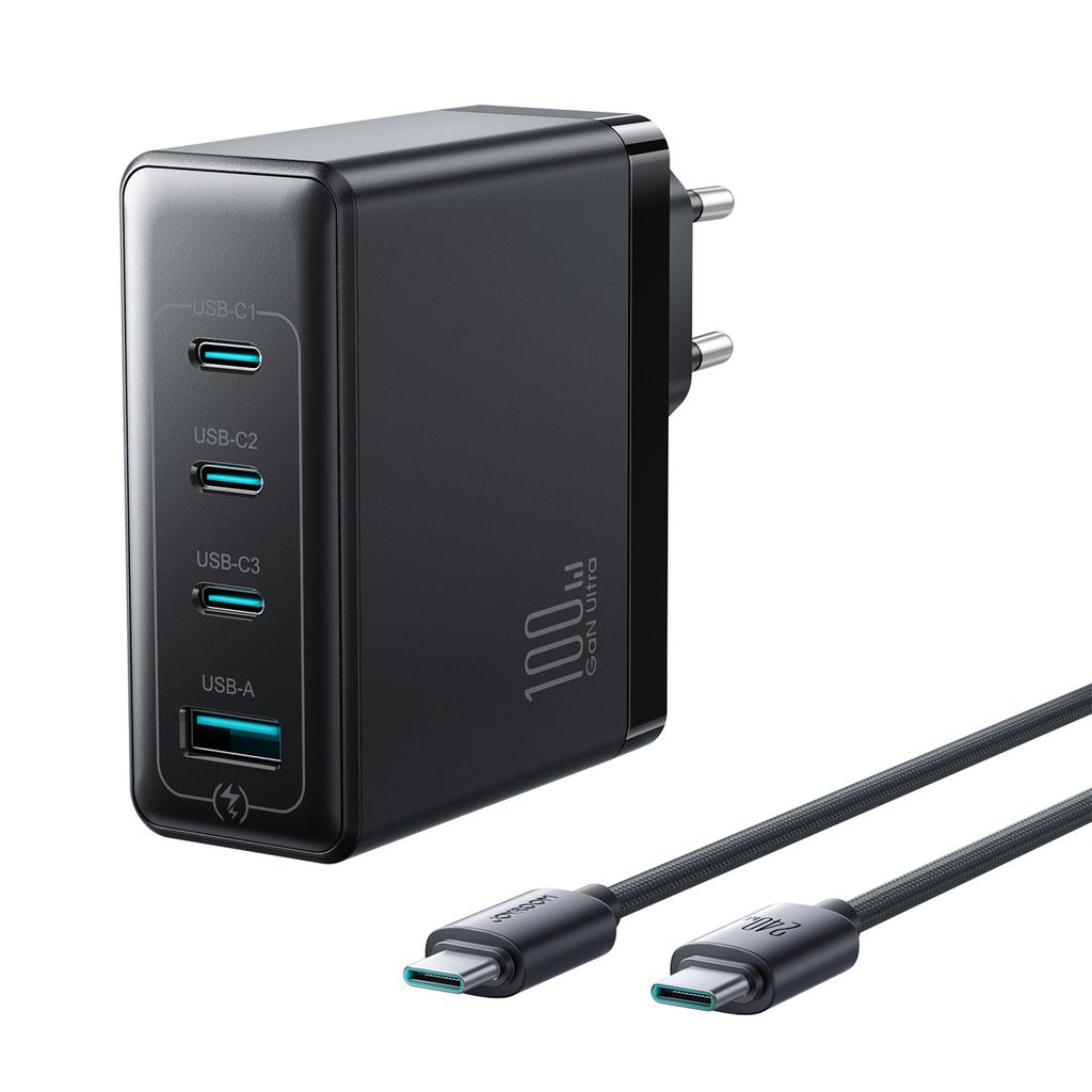 Joyroom 100W GaN Moniporttipikalaturi USB-C-kaapelilla 240W, 2m – Musta