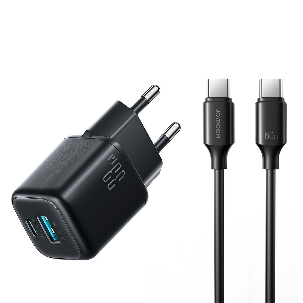 Joyroom JR-TG7 dobbel lader 33W + A9 USB-C-kabel 60W 1m – svart