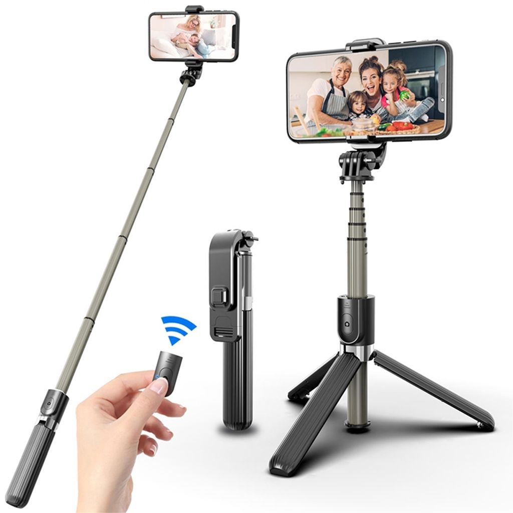 Vikbar Bluetooth Selfiepinne & stativ i aluminiumlegering, 86cm – svart