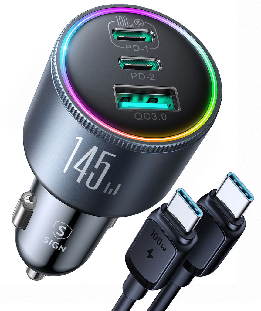 SiGN Biloplader 145W med 2x USB-C & 1x USB-A – PD & QC3.0