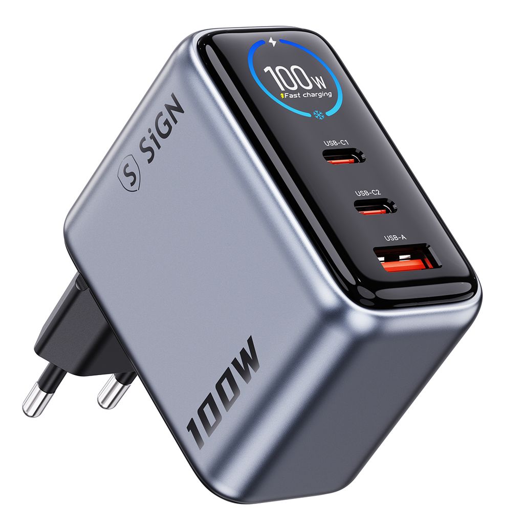 SiGN 100W hurtiglader med skjerm – 2x USB-C / 1x USB-A – Grå