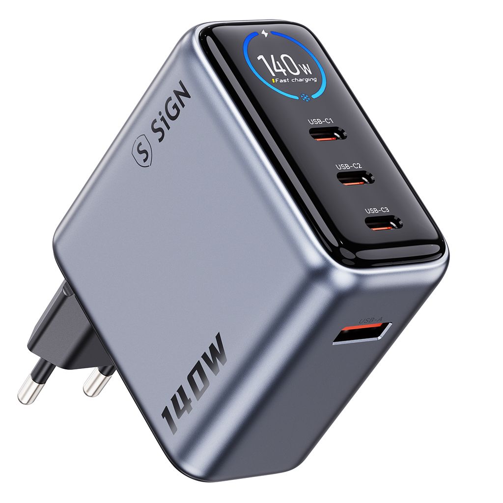 SiGN 140W hurtiglader med smart skjerm – 3x USB-C / 1x USB-A – Grå