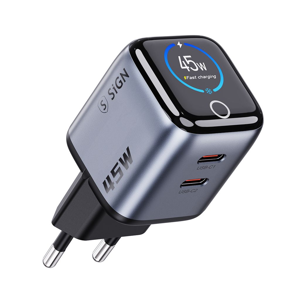 SiGN 45W Snabbladdare med Display – 2x USB-C - Grå