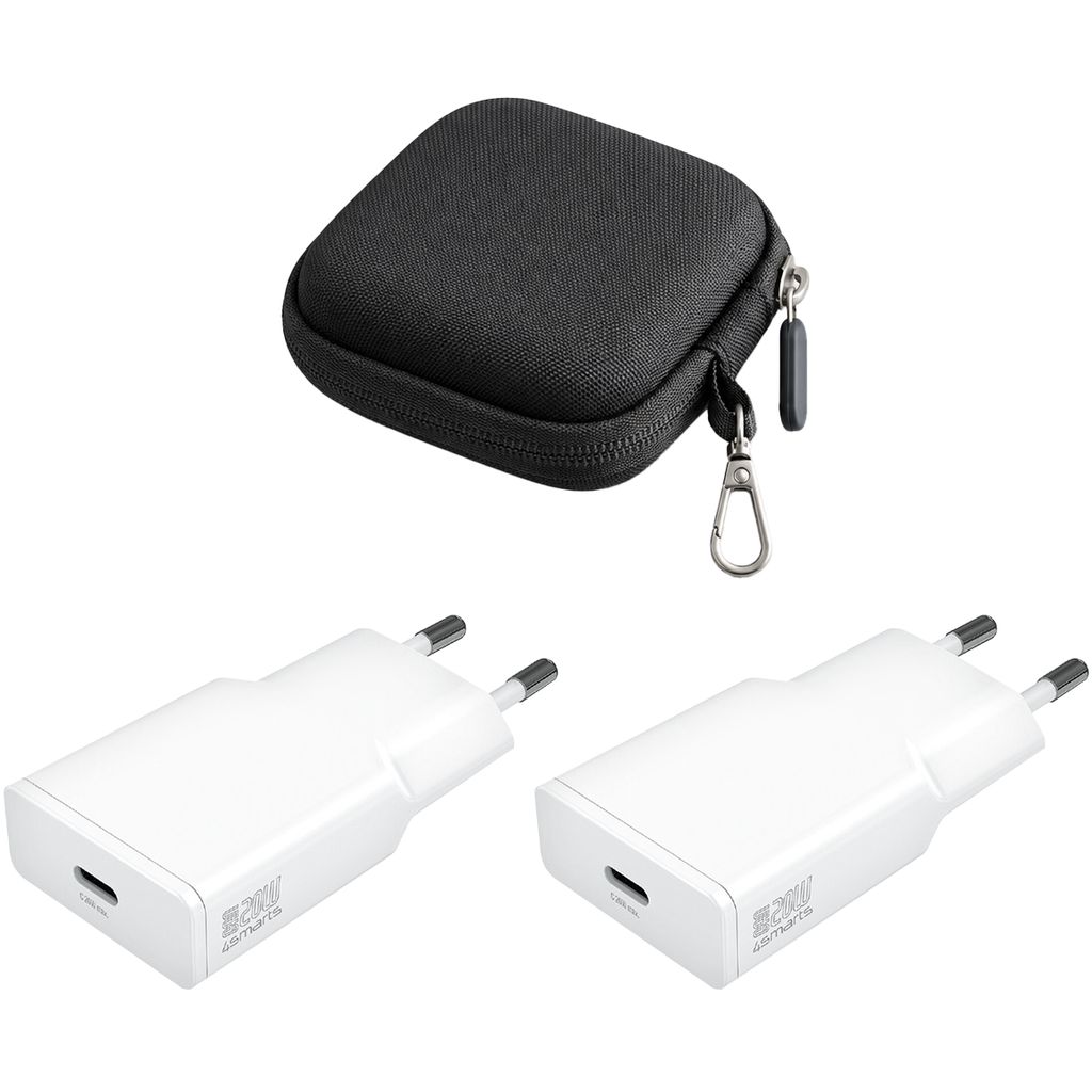 4Smarts 20W Vegglader PDPlug Slim GaN USB-C 2-pakning med Veske – Hvit