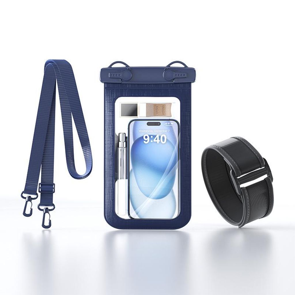 Universal IPX8 vandtæt etui til mobiltelefoner med armbånd – marineblå