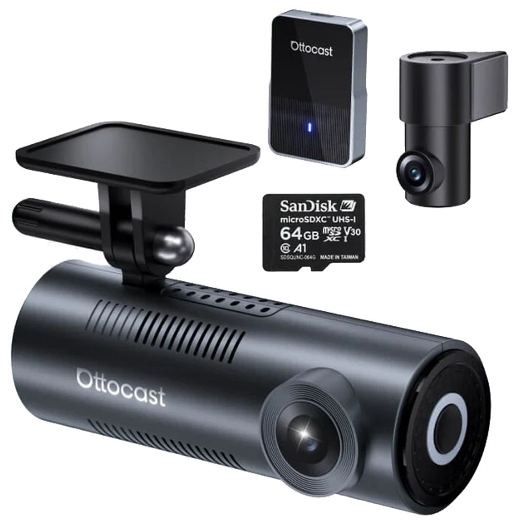 Ottocast OttoSafe Cam 2-i-1 bilkamera med trådløs CarPlay-adapter + 64 GB microSD-kort