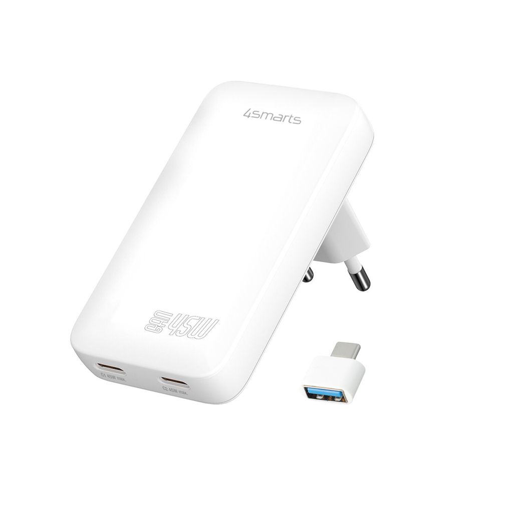 4Smarts FlatPlug Slim Dual 45W GaN 2x USB-C Vegglader – Hvit