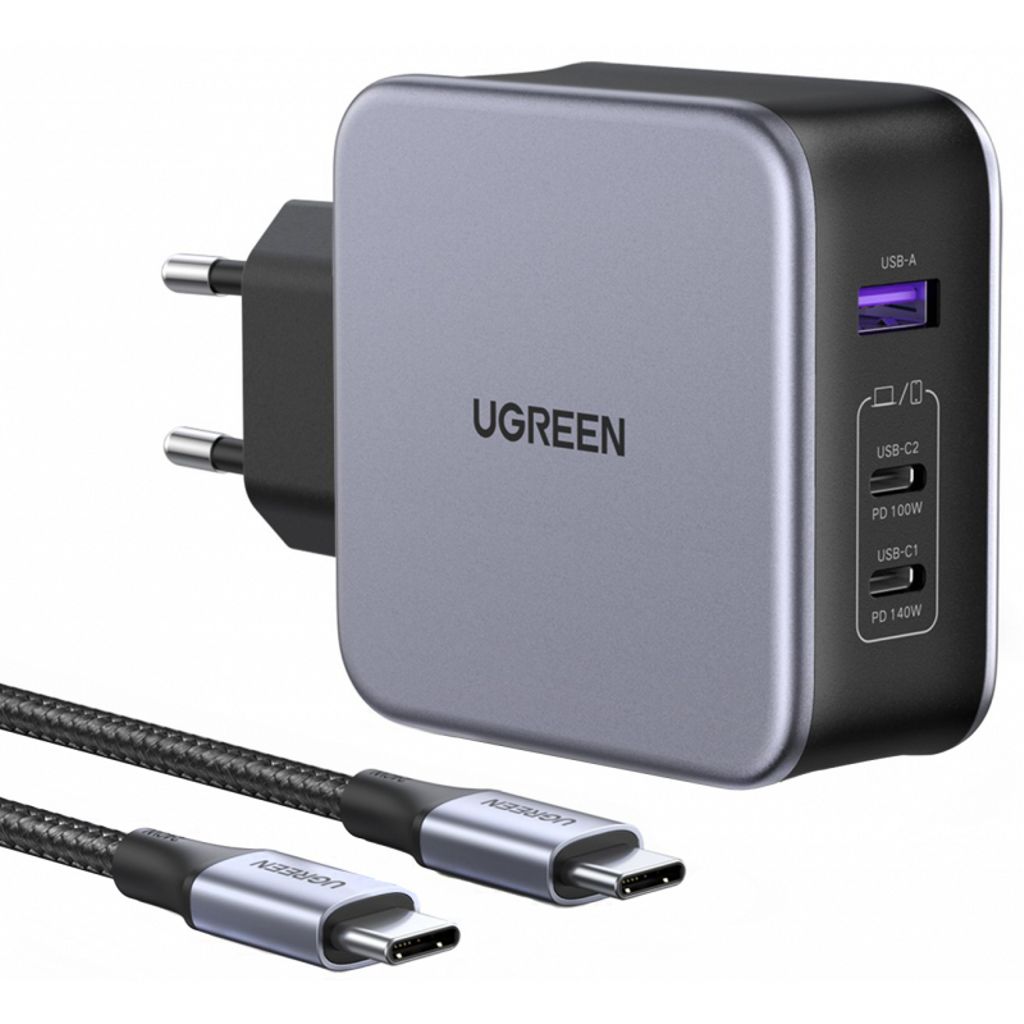 UGREEN Väggladdare 140W, 5A, 1x USB-A/2x USB-C med USB-C-kabel - Grå