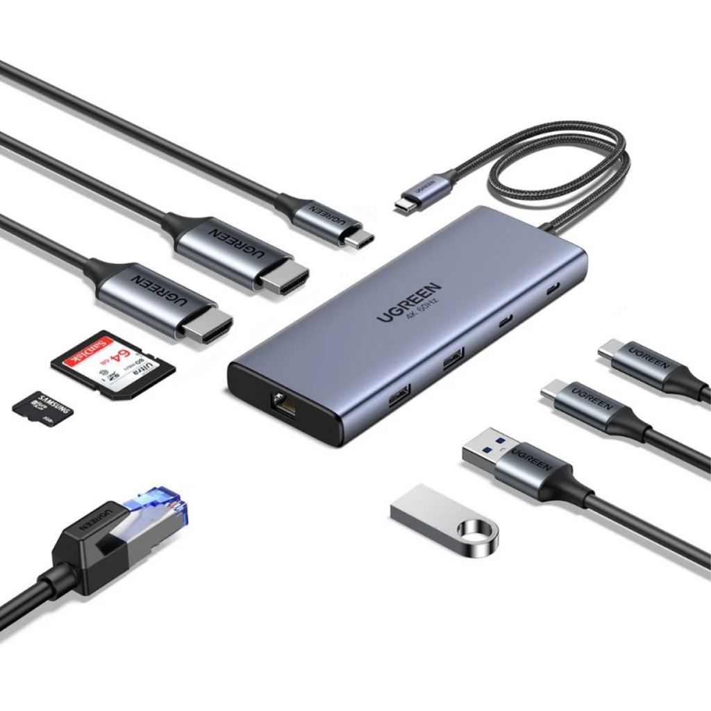 UGREEN USB-C-keskitin 2x USB-A/3x USB-C/2x HDMI/1x RJ45/1x SD/1x microSD - Harmaa