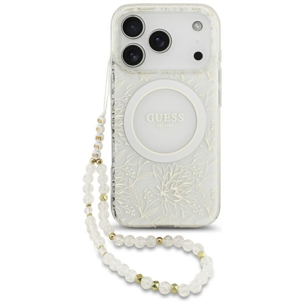 Guess IML Flower MagSafe -kuori helmirannekkeella iPhone 18 Pro/17 Pro:lle - Valkoinen