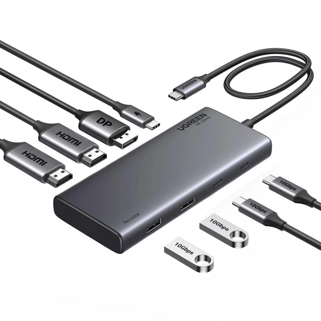 UGREEN Revodok 308 CM639 USB-C-hub med USB-A/USB-C/DisplayPort/HDMI – Grå