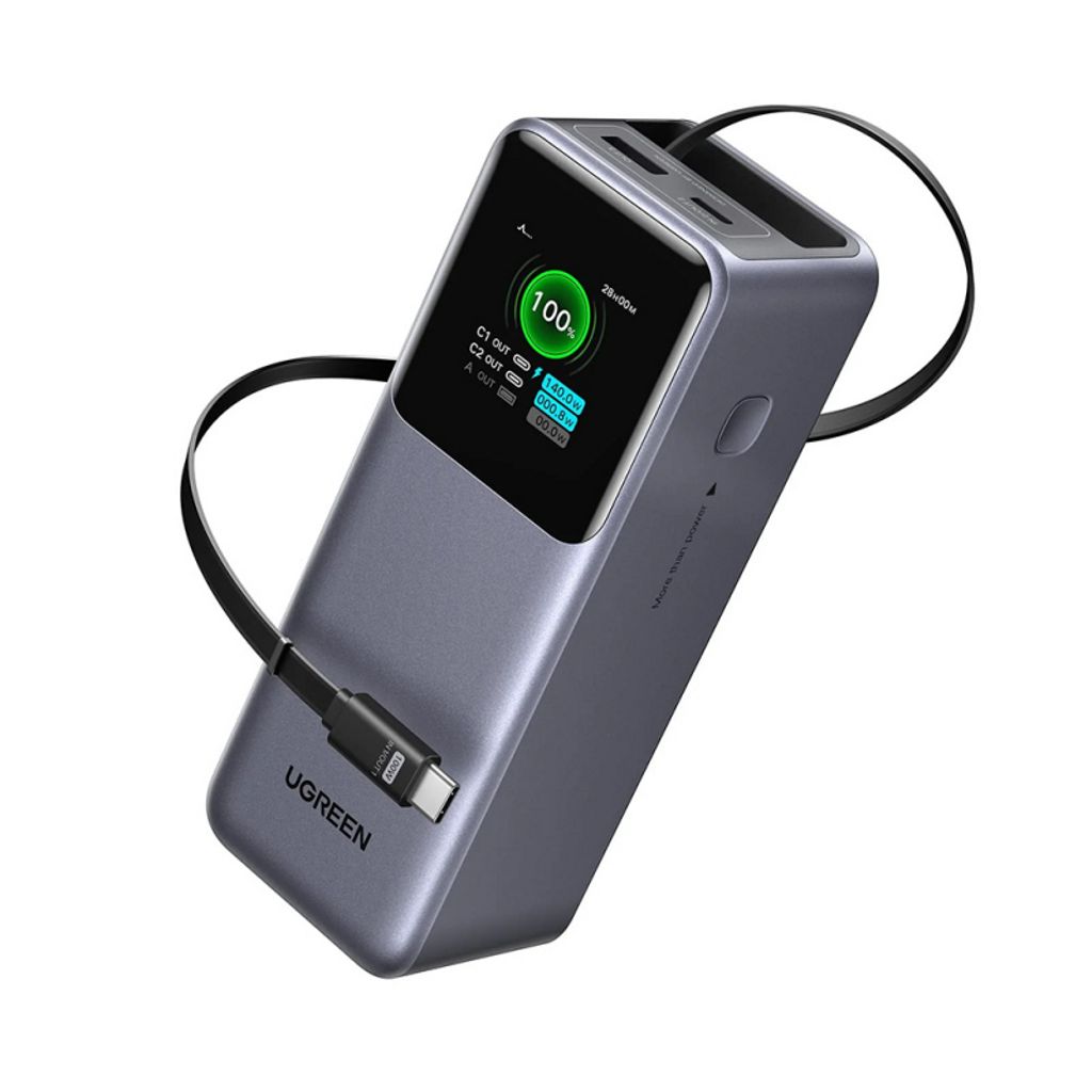 Ugreen Powerbank PB726 20000mAh, 165W med innebygd USB-C-kabel – Grå