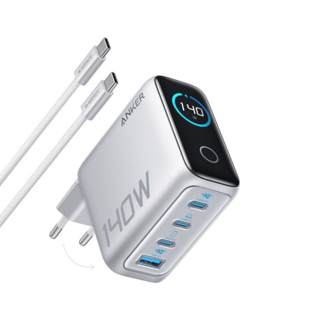 Anker Zolo 140W vegglader – 3x USB-C + 1x USB-A med USB-C-kabel – Sølv