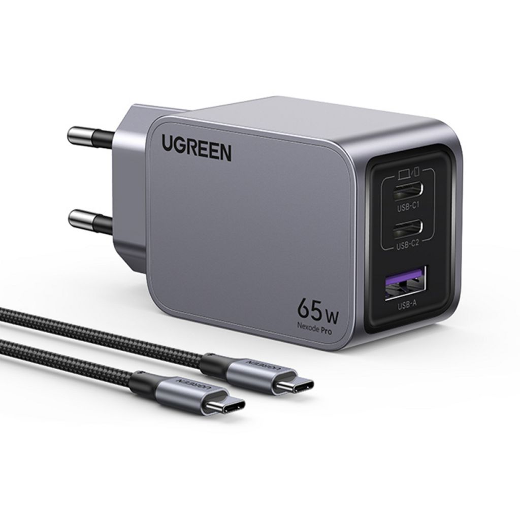UGREEN X755 Nexode Pro 65W -seinälaturi – 2x USB-C / 1x USB-A USB-C-kaapelilla