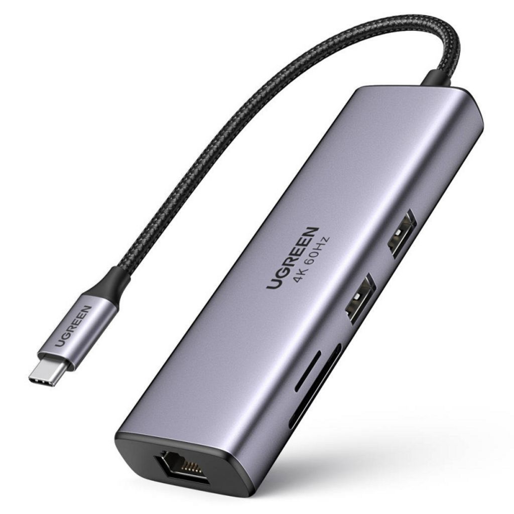 UGREEN CM512 USB-C-keskitin, jossa USB-C / HDMI / SD / microSD / RJ45 / 2x USB-A - Harmaa
