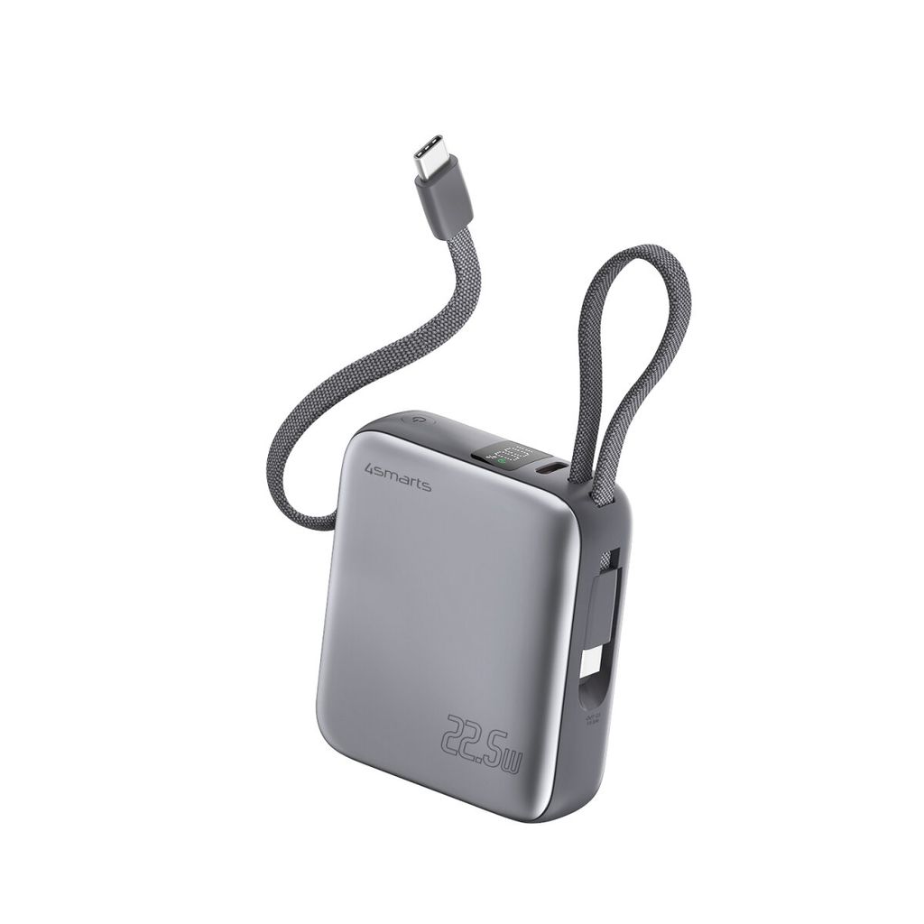 4Smarts Pocket Tehopankki USB-C-kaapelilla 10 000 mAh 22,5 W – Tähtiharmaa