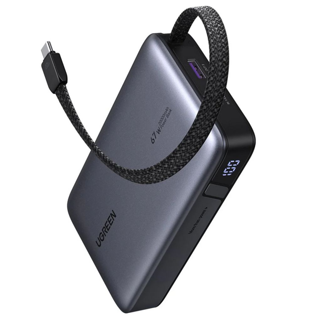 UGREEN Powerbank 20000mAh, 67W, QC + PD med innebygd USB-C-kabel – Grå