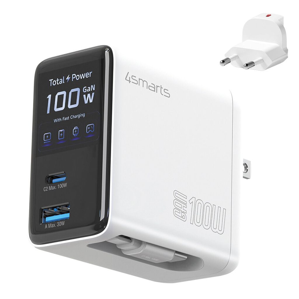 4Smarts GaN Flex 100W Reseadapter/Laddare EU/US till USB-C/USB-A + USB-C kabel | Laddare - Mobilladdare - Universal Mobilladdare | Batteritema