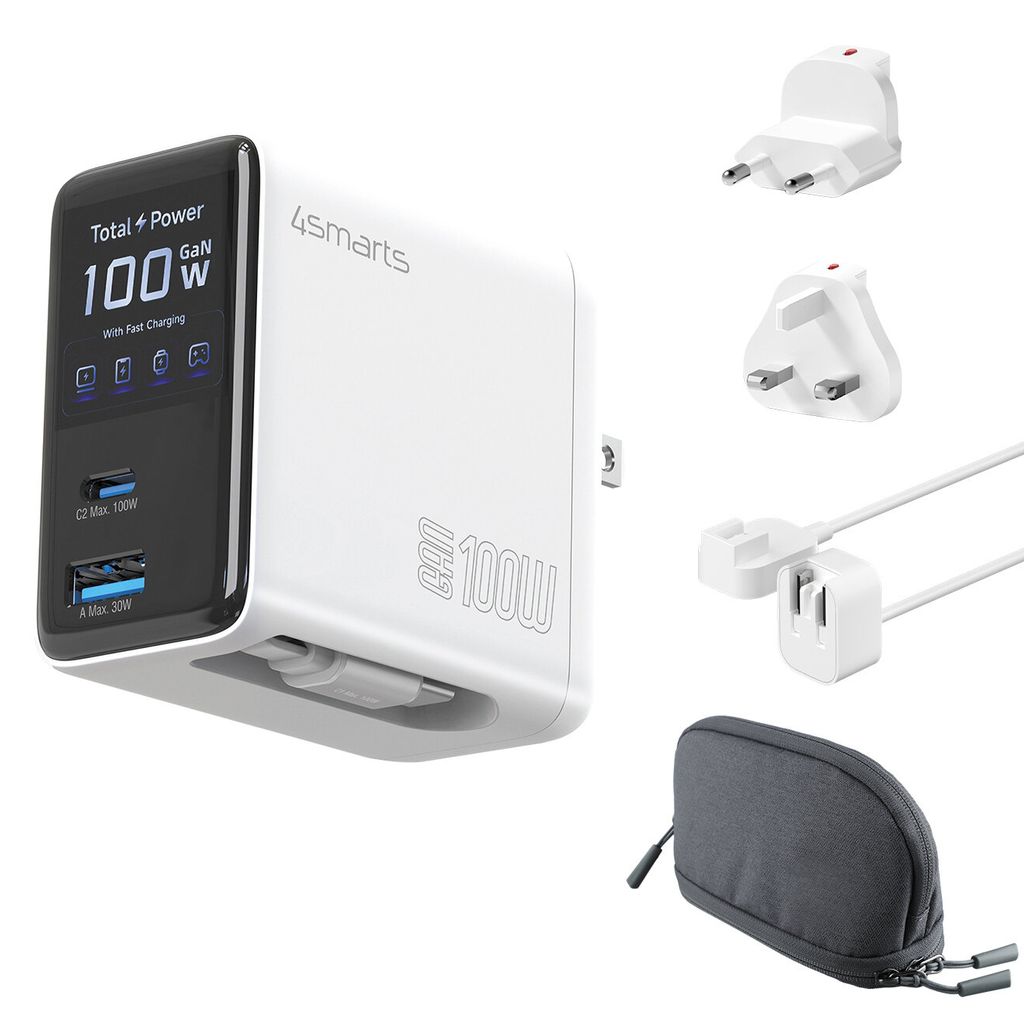 4Smarts GaN 100W Reseadapter/Laddare EU/US/UK till USB-C/USB-A + USB-C kabel | Laddare - Mobilladdare - Universal Mobilladdare | Batteritema