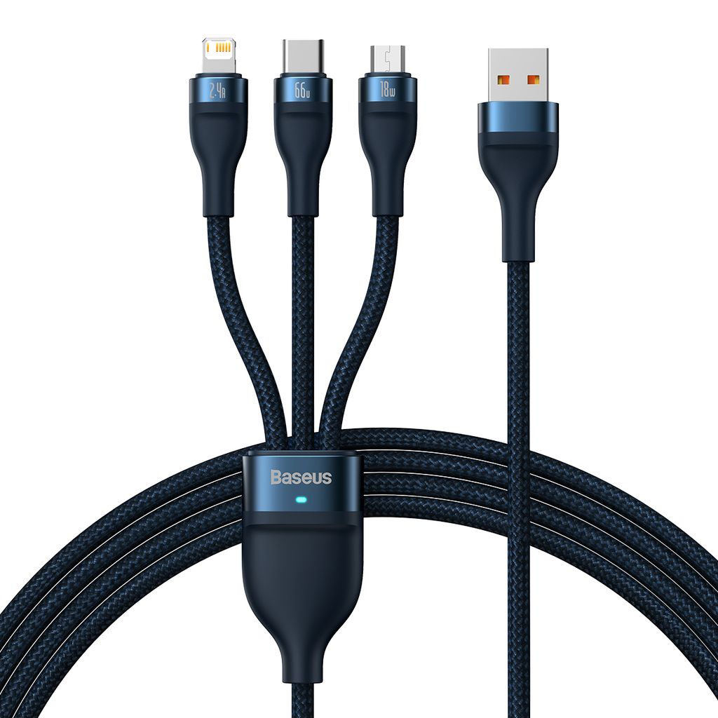 Baseus Flash Series Ⅱ 3in1 fast charging kabel USB-A til USB-C/Micro-USB/Lightning 66W 1.2m blå