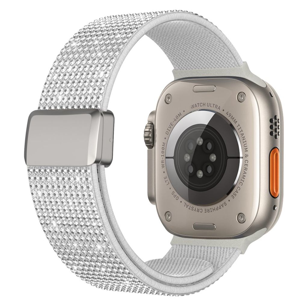 Apple Watch 42/41/40/38mm Klockarmband i Nylon med Strass - Vit