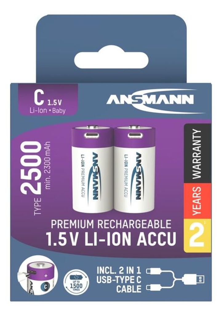 Ansmann 2-pak genopladeligt C-batteri Li-ion 2500mAh med USB-C