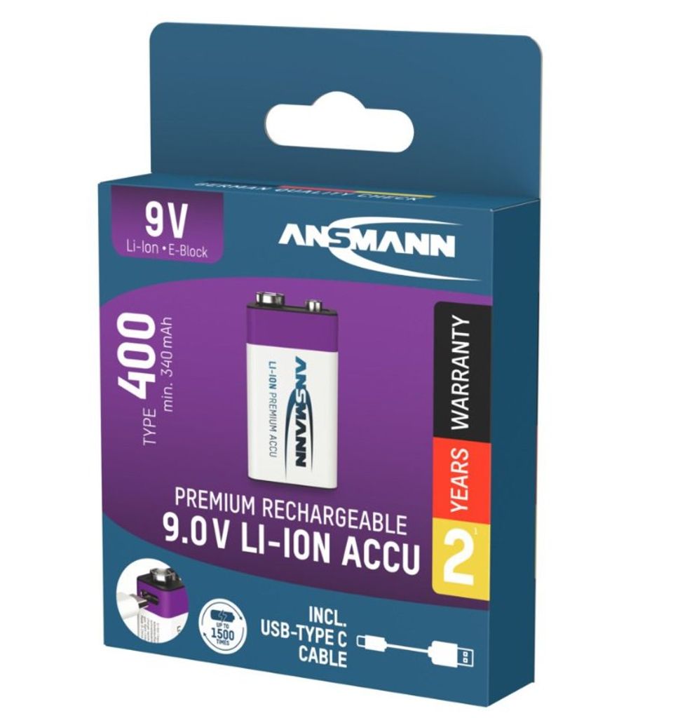Ansmann 9V Uppladdningsbart USB-C batteri Li-on 400mAh | Batterier - Uppladdningsbara batterier - 9V-batterier | Batteritema