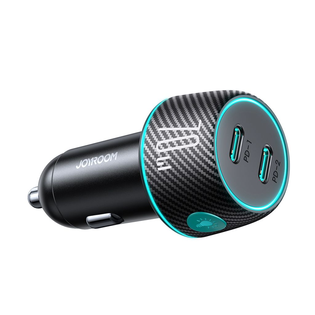 Joyroom 2x USB-C 70W biloplader med LED lys – sort