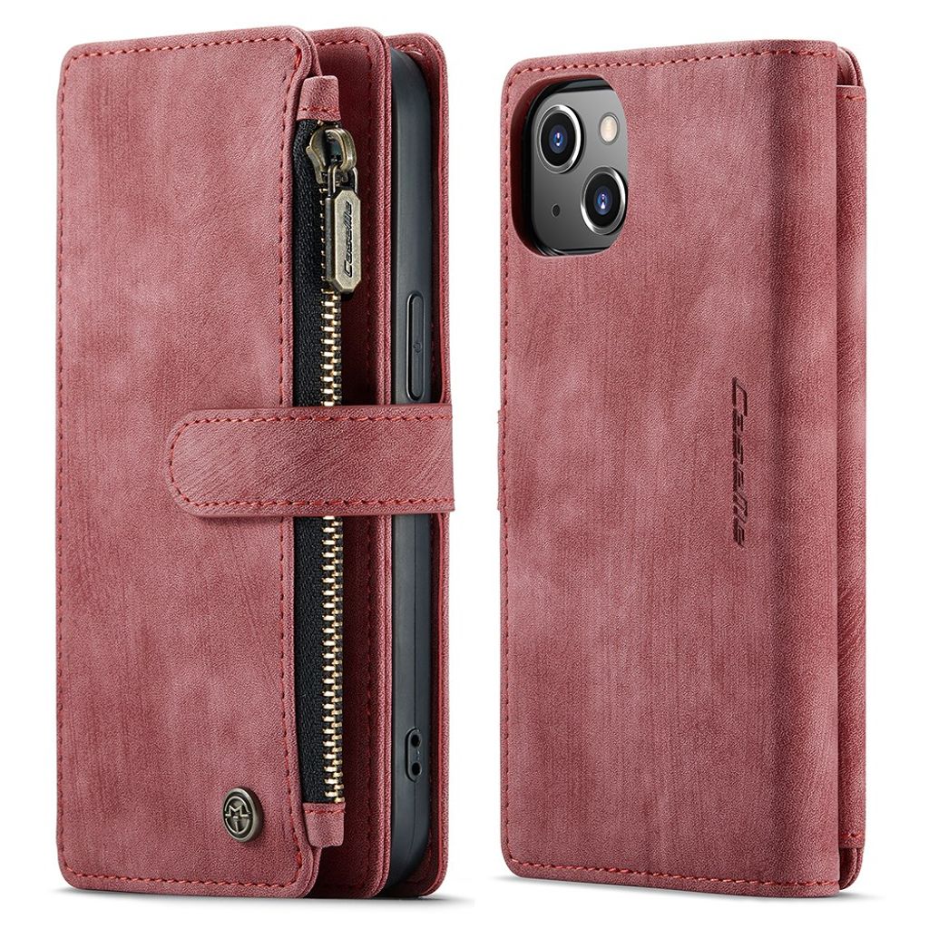 CASEME iPhone 13 Wallet Cover Card Holder Strap PU Leather - Red