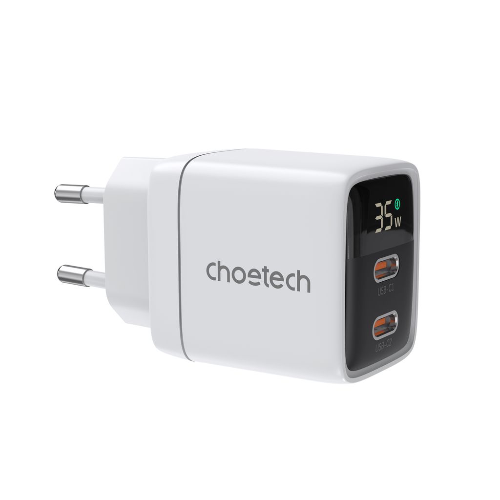 Choetech PD6051 2x USB-C PD 35W GaN laturi näytöllä - valkoinen